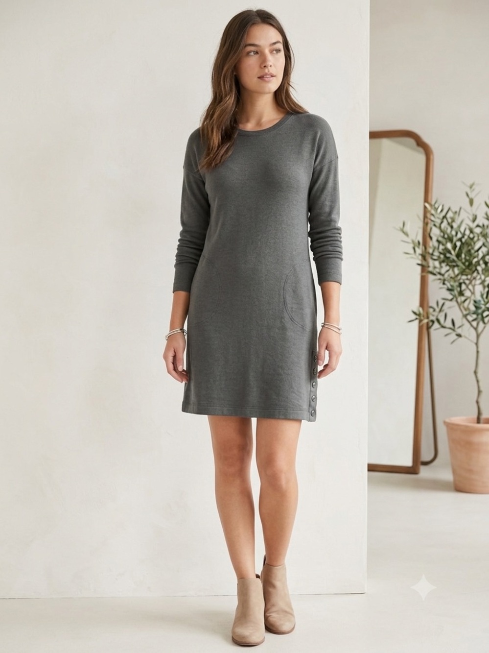 J.Jill Dress XS Gray Knit Pocket Side Button Long Sleeve Cotton Modal Shift Mini